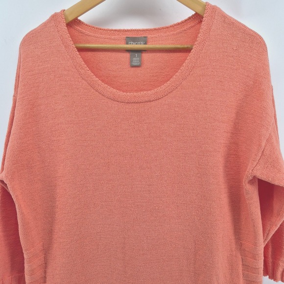 CHICOS 1 Orange Terry Knit 3/4 Sleeve Sweater Top Size 8 Resort Vacation Travel - Picture 2 of 11
